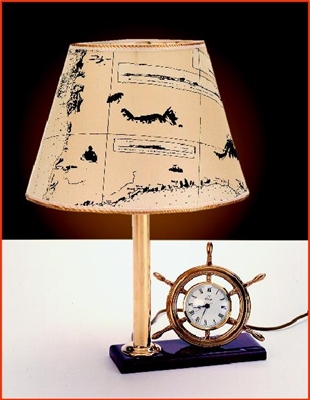 Picture of Polished brass Lamp and Clock on a wooden base
